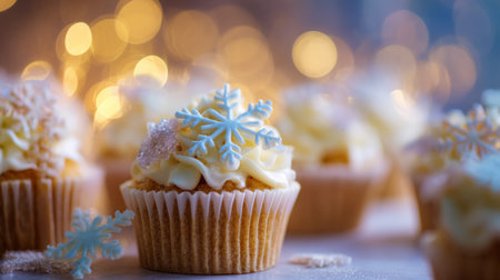 Festive cupcakes topped with white frosting, edible snowflakes, and sprinkles, surrounded by candlelight and cinnamon for a cozy winter treat.の素材
