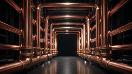 Industrial hallway with symmetrical copper pipelines and reflections. Generative AIの素材
