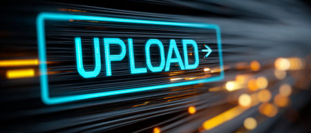 Blue UPLOAD button with digital background. Generative AIの素材