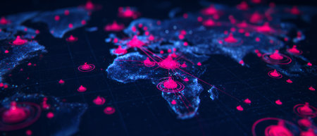 Futuristic digital world map with glowing global network. Generative AIの素材