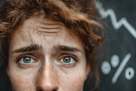 Close-up of stressed woman with financial data overlay. Generative AIの素材