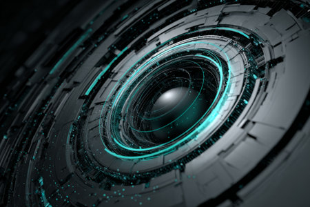 Futuristic Metallic Core with Glowing Teal Rings and Mechanical Design. Generative AIの素材
