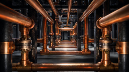 Industrial hallway with symmetrical copper pipelines and reflections. Generative AIの素材