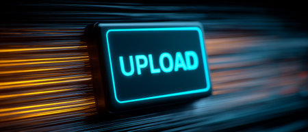 Blue UPLOAD button with digital background. Generative AIの素材