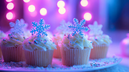Festive cupcakes topped with white frosting, edible snowflakes, and sprinkles, surrounded by candlelight and cinnamon for a cozy winter treat.の素材