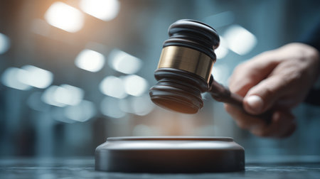 Judge striking wooden gavel in courtroom decision. Generative AIの素材