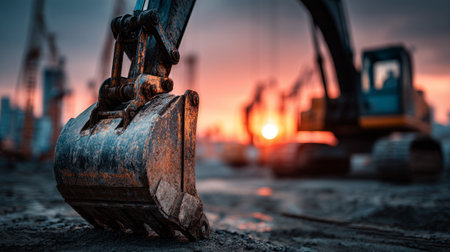 Close-up of excavator arm at construction site during sunset. Generative AIの素材