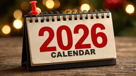 2026 desk calendar with red push pin. Generative AIの素材