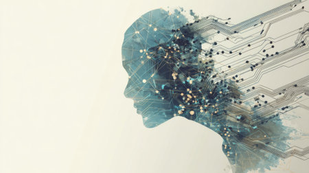 Digital human face made of glowing circuit board liness. Generative AIの素材