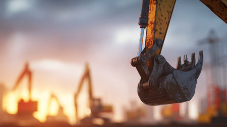 Close-up of excavator arm at construction site during sunset. Generative AIの素材
