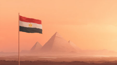 Egyptian flag and pyramids at sunset. Generative AIの素材