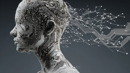 Digital human face made of glowing circuit board liness. Generative AIの素材