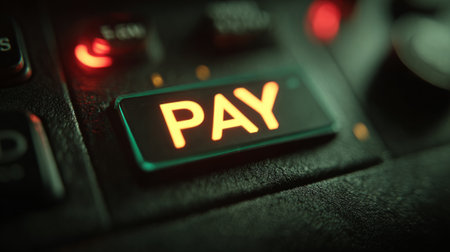 Glowing PAY button on digital payment terminal. Generative AIの素材