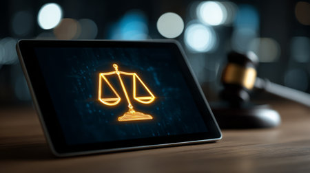 Digital justice scale icon on tablet with gavel. Generative AIの素材
