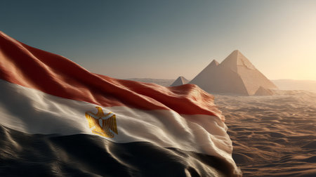 Egyptian flag and pyramids at sunset. Generative AIの素材