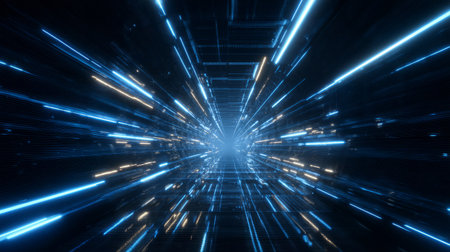 Blue Digital Warp Tunnel with Light Speed Effect. Generative AIの素材