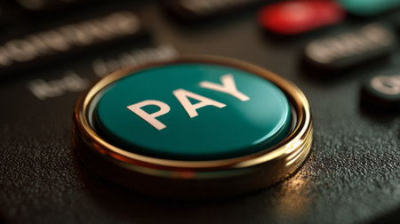 Glowing PAY button on digital payment terminal. Generative AIの素材