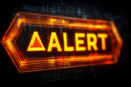 Glowing orange ALERT sign on digital warning screen. Generative AIの素材