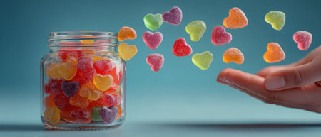 Heart shaped gummy vitamins spilling out of a glass jar. Generative AIの素材