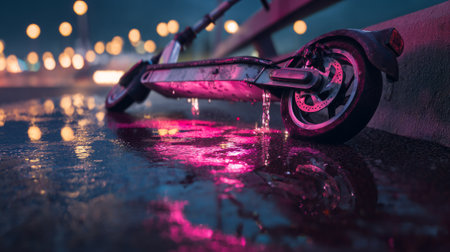 Modern electric scooter fallen on a wet asphalt road with dramatic lighting and reflections, symbolizing accident, urban life. Generative AIの素材