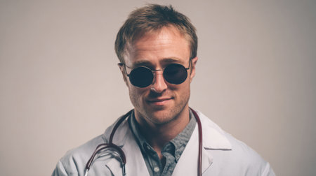 Confident young doctor in pink sunglasses and stethoscope. Generative AIの素材