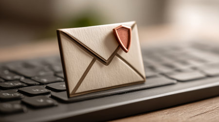 Golden envelope icon featuring a shield emblem, placed on a laptop keyboard, symbolizing secure email, privacy, and message protection.の素材