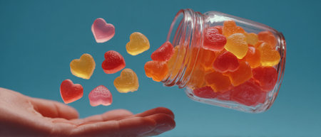 Heart shaped gummy vitamins spilling out of a glass jar. Generative AIの素材