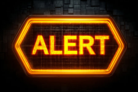 Glowing orange ALERT sign on digital warning screen. Generative AIの素材