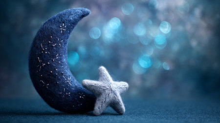 Fuzzy felt moon and star on soft blue background. Generative AIの素材