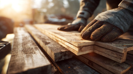 Carpenter Handling Wooden Planks on Construction Site at Sunset. Generative AIの素材