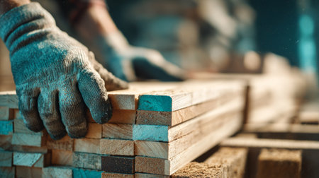 Carpenter Handling Wooden Planks on Construction Site at Sunset. Generative AIの素材