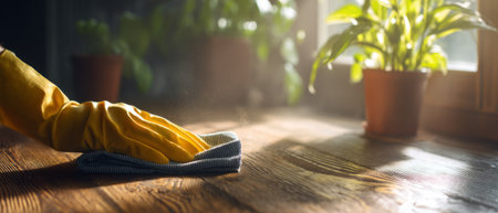 Gloved hand cleaning wooden surface in sunlit indoor garden. Generative AIの素材