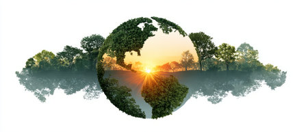 Earth shaped from forest trees with sunrise inside. Generative AIの素材