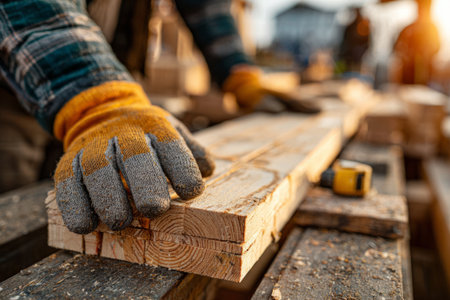 Carpenter Handling Wooden Planks on Construction Site at Sunset. Generative AIの素材