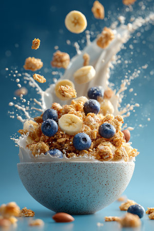 Flying Granola with Milk Splash and Fresh Fruit. Generative AIの素材