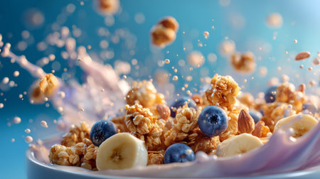 Flying Granola with Milk Splash and Fresh Fruit. Generative AIの素材
