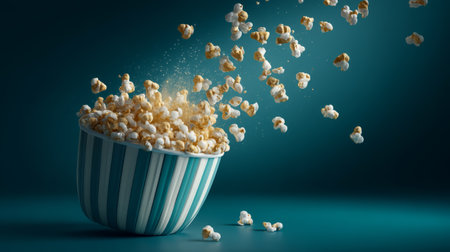 Flying Popcorn from Striped Bowl with Dark Background. Generative AIの素材