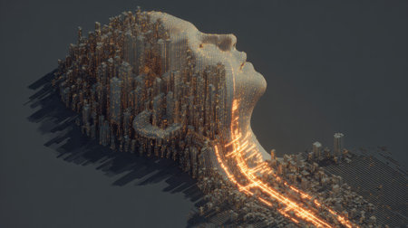 Futuristic cityscape forming human head silhouette with glowing lights. Generative AIの素材