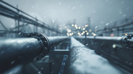 Frozen industrial pipeline emitting steam in winter city. Generative AIの素材