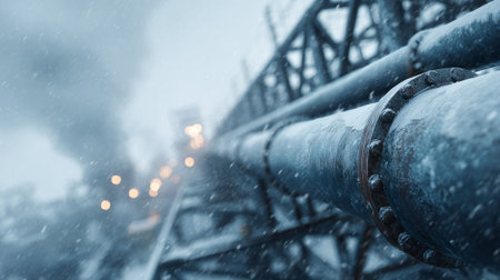 Frozen industrial pipeline emitting steam in winter city. Generative AIの素材
