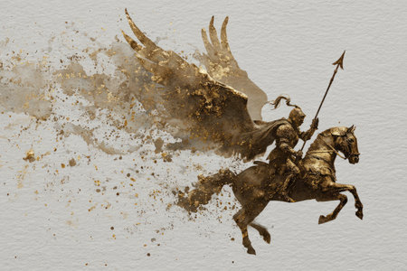 Golden Winged Knight on Horseback. Generative AIの素材