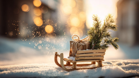 Small wooden sleigh carrying a red gift box, pine branches, and pinecones in a snowy winter scene with glowing holiday lights.の素材
