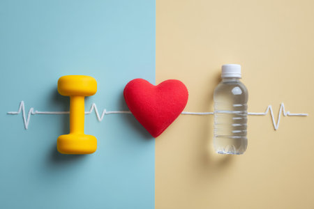 red dumbbell, heart-shaped object, and water bottle, symbolizing love for health and fitness.の素材