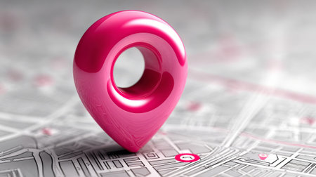 Glossy pink map pin on city navigation route. Generative AIの素材