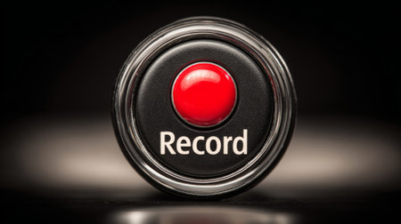 Red record button on dark background close-up. Generative AIの素材