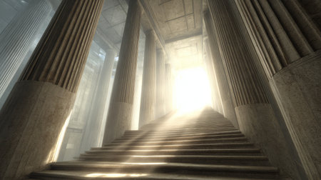 Mystical Light Portal in Dark Temple Columns. Generative AIの素材