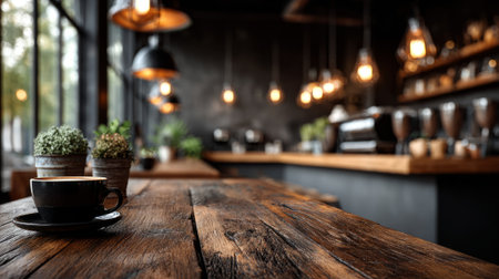 Rustic wooden table in cozy modern cafe. Generative AIの素材