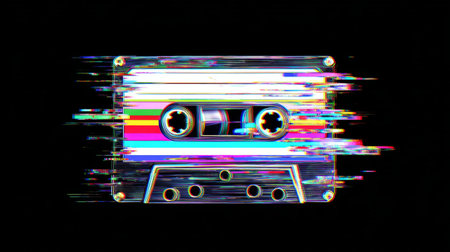 Retro cassette tape with colorful glitch effect. Generative AIの素材