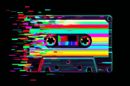 Retro cassette tape with colorful glitch effect. Generative AIの素材