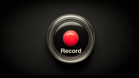 Red record button on dark background close-up. Generative AIの素材
